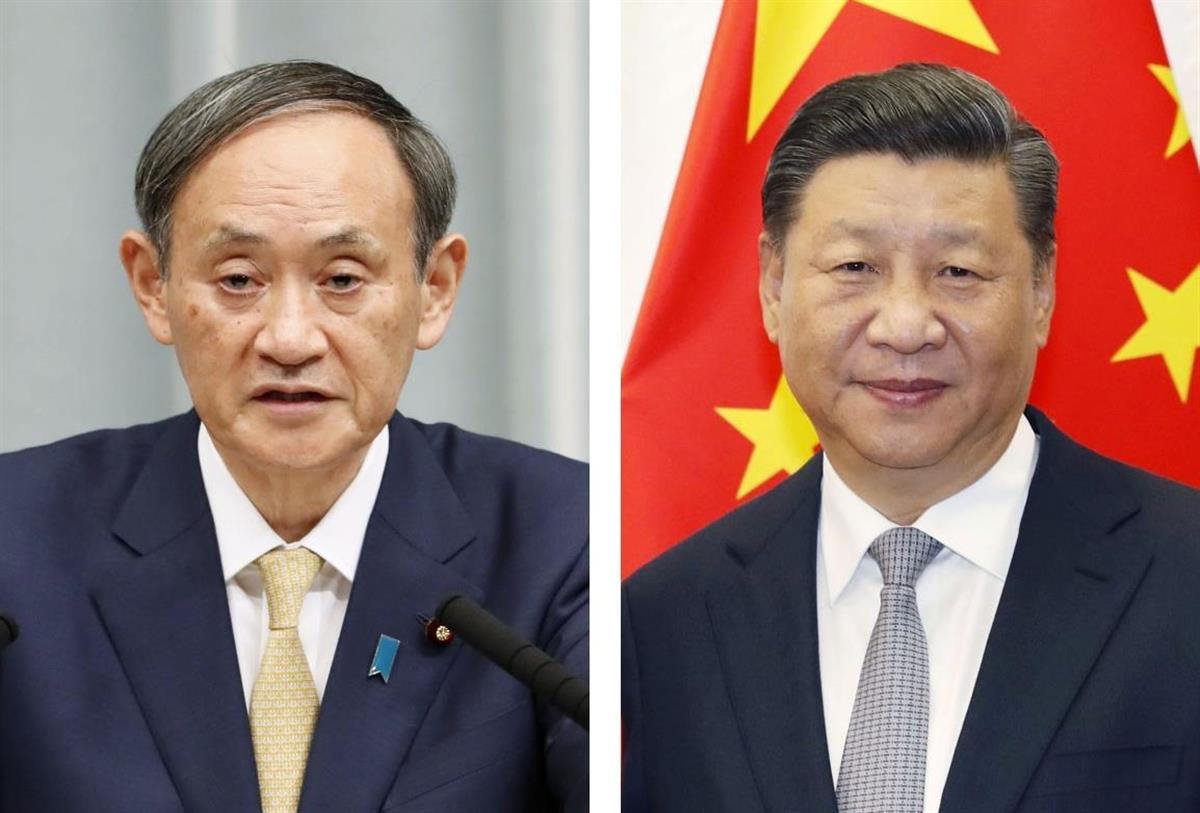 (左から)菅義偉首相、中国の習近平国家主席