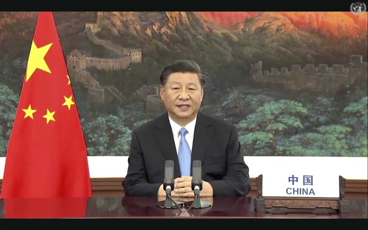 国連総会一般討論で放映された中国の習近平国家主席のビデオ演説 =9月22日(国連提供、AP)