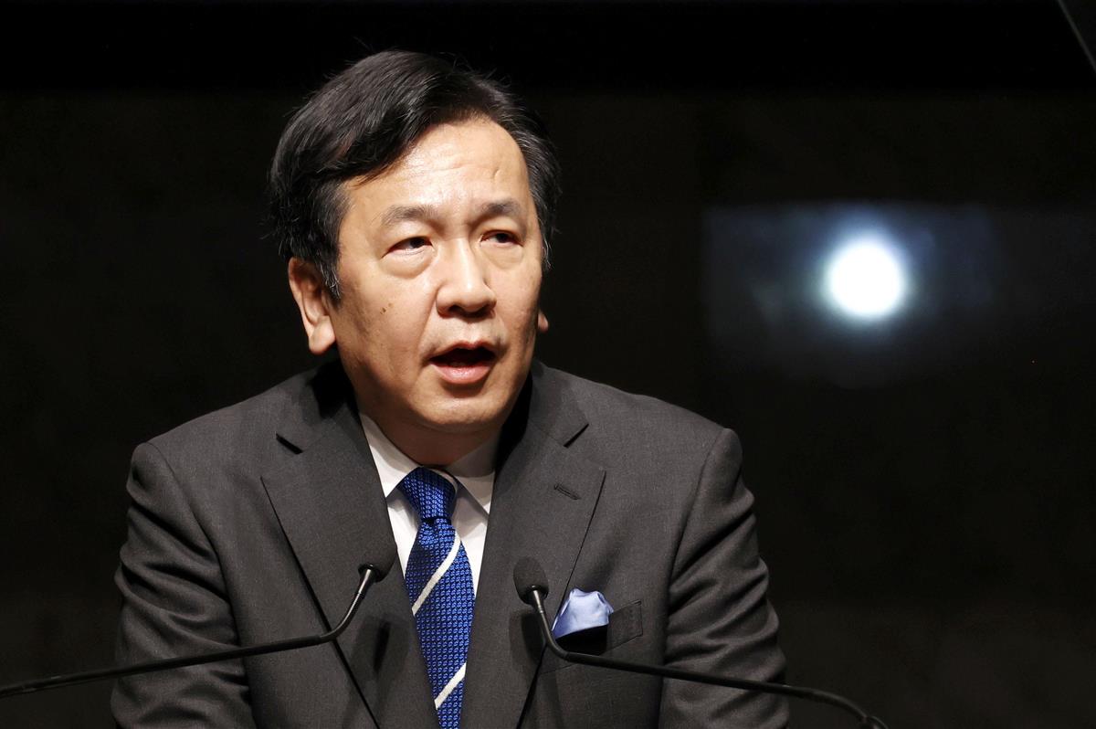 オンラインで開かれた立憲民主党の定期大会であいさつする枝野代表=1月31日、東京都内のホテル(代表撮影)