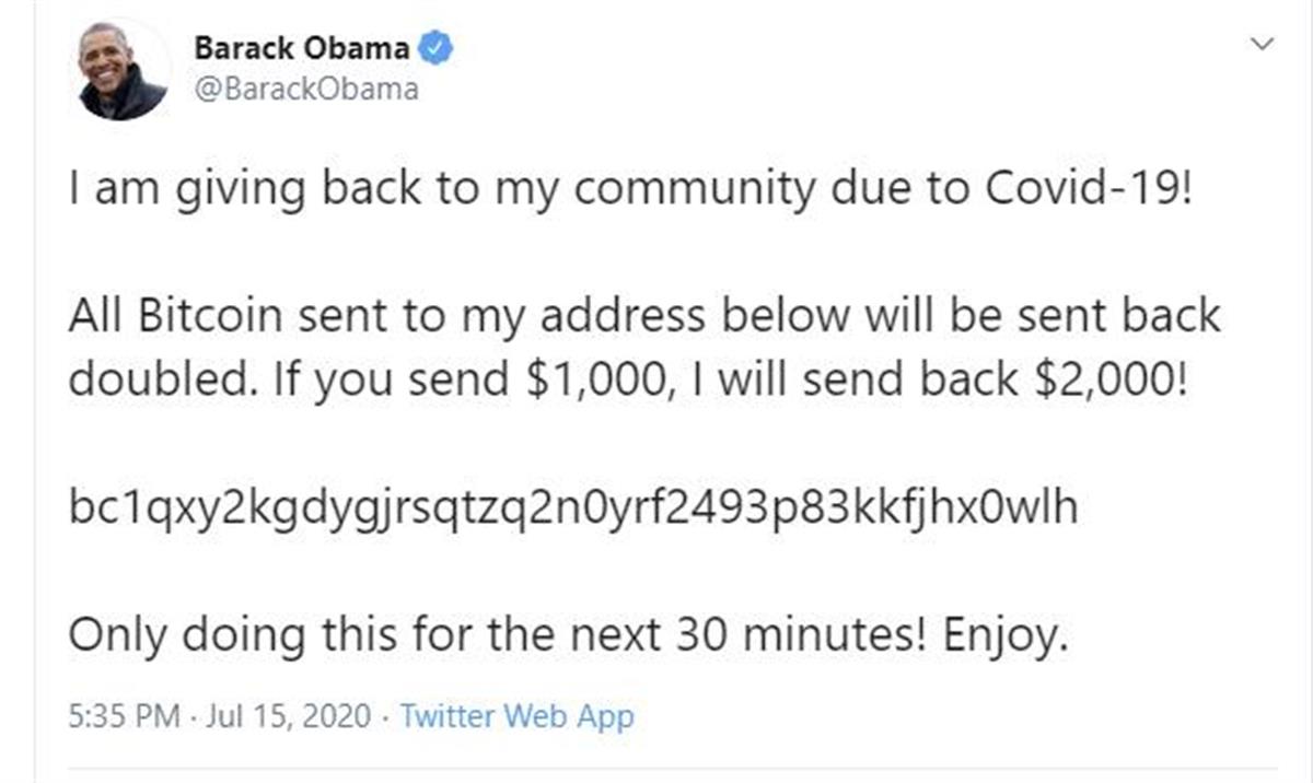ハッカーに乗っ取られたオバマ前米大統領のツイッターの画面。仮想通貨を振り込むよう求めている(AP)