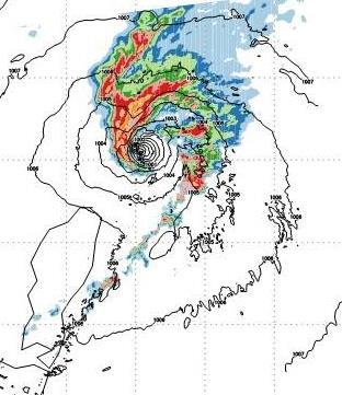 対馬沖に発生した直径30キロほどの大気の渦の再現画像(栃本英伍・東京大大気海洋研究所特任研究員提供)