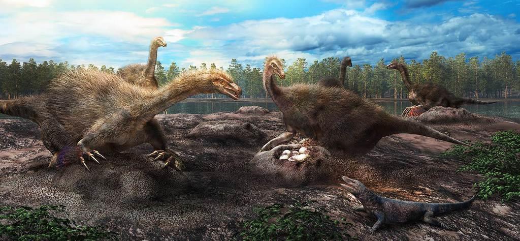 テリジノサウルス類の恐竜が集団で巣を守っていた様子の想像図(服部雅人氏提供)