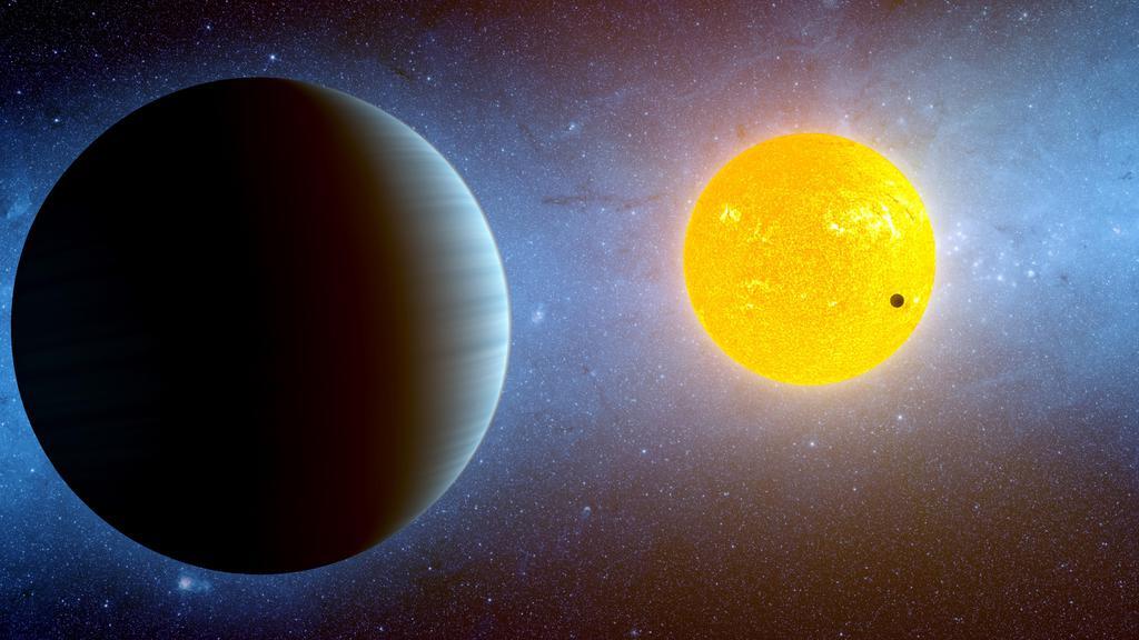 太陽系外惑星(左)の想像図。輝く恒星の手前を横切る小さな惑星も描かれている(NASA提供)