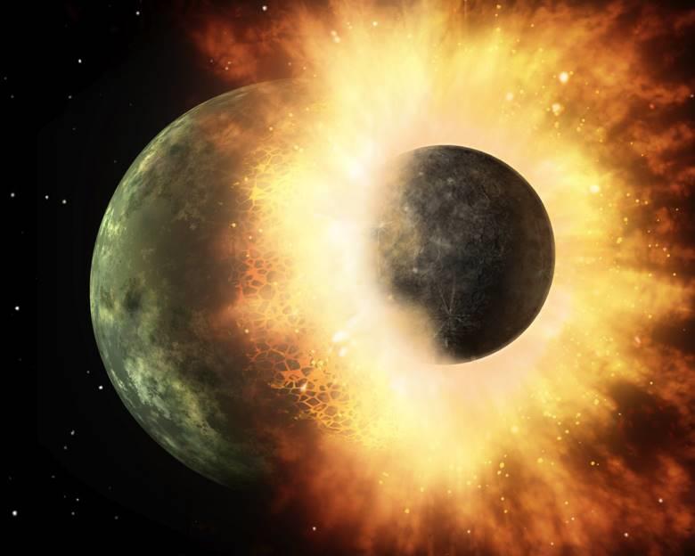 誕生直後の地球に小天体が衝突し、月の誕生につながったとする「巨大衝突説」の想像図(NASA提供)