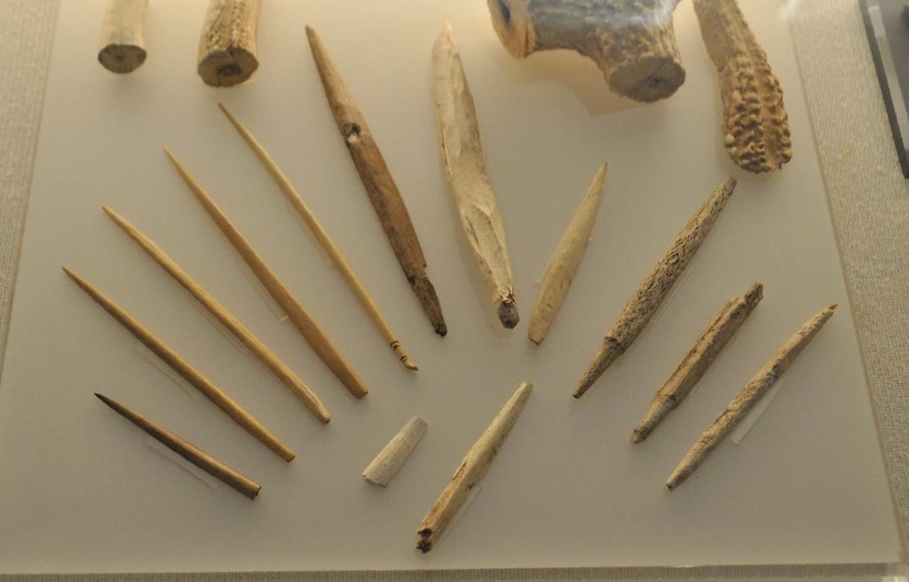 南部氏の居館「聖寿寺館跡」から発掘された骨角器。本州に住んでいたアイヌたちが使っていたとみられている＝１日、東京都江戸東京博物館