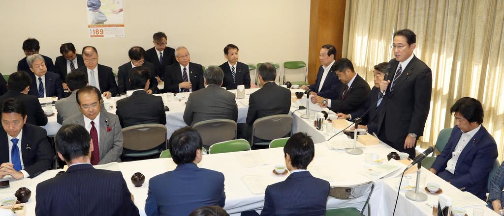自民党・人生100年時代戦略本部で挨拶する岸田文雄政調会長(右中央)。左奥は日本医師会・横倉義武会長ら=9日午前、東京・永田町の自民党本部(春名中撮影)