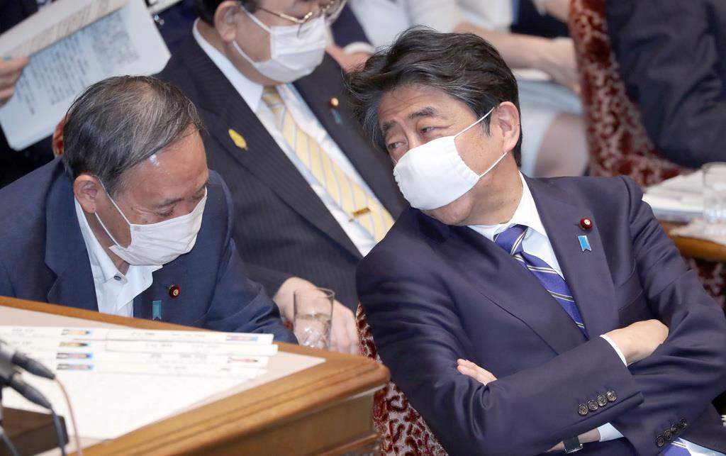 参院予算委員会で言葉を交わす菅義偉官房長官(左)と安倍晋三首相。2人の間には「すきま風」が吹いているとも…=6月11日午後、参院第1委員会室(春名中撮影)