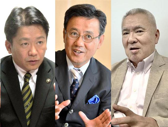 左から沖縄県石垣市長の中山義隆氏、東海大教授の山田吉彦氏、海上自衛隊元海将の香田洋二氏