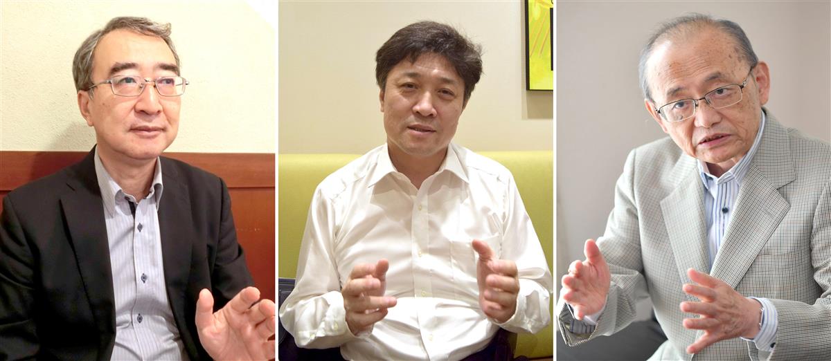 （左から）法政大大学院の真壁昭夫教授、東京大学の松田康博教授、元宮城県知事の浅野史郎さん