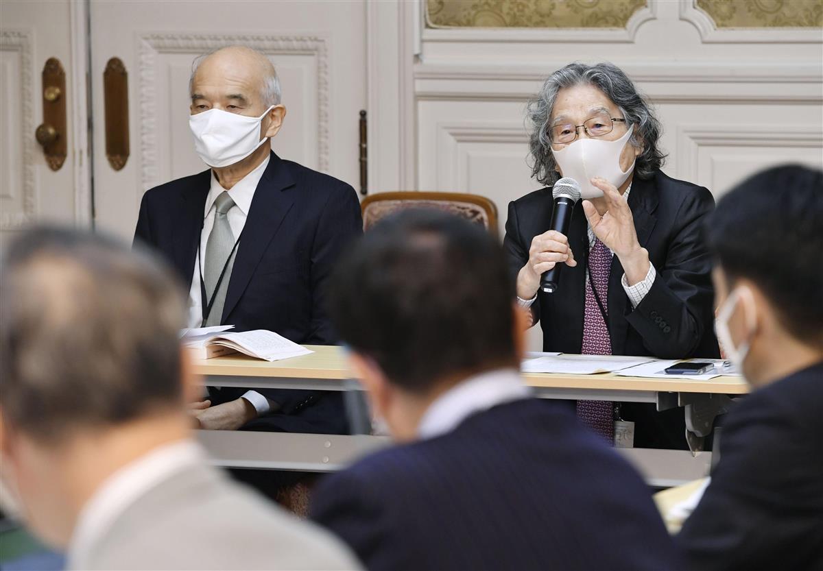 日本学術会議の任命拒否問題に関する野党合同ヒアリングに出席した同会議元会長の広渡清吾氏(右)と大西隆氏=9日午前、国会