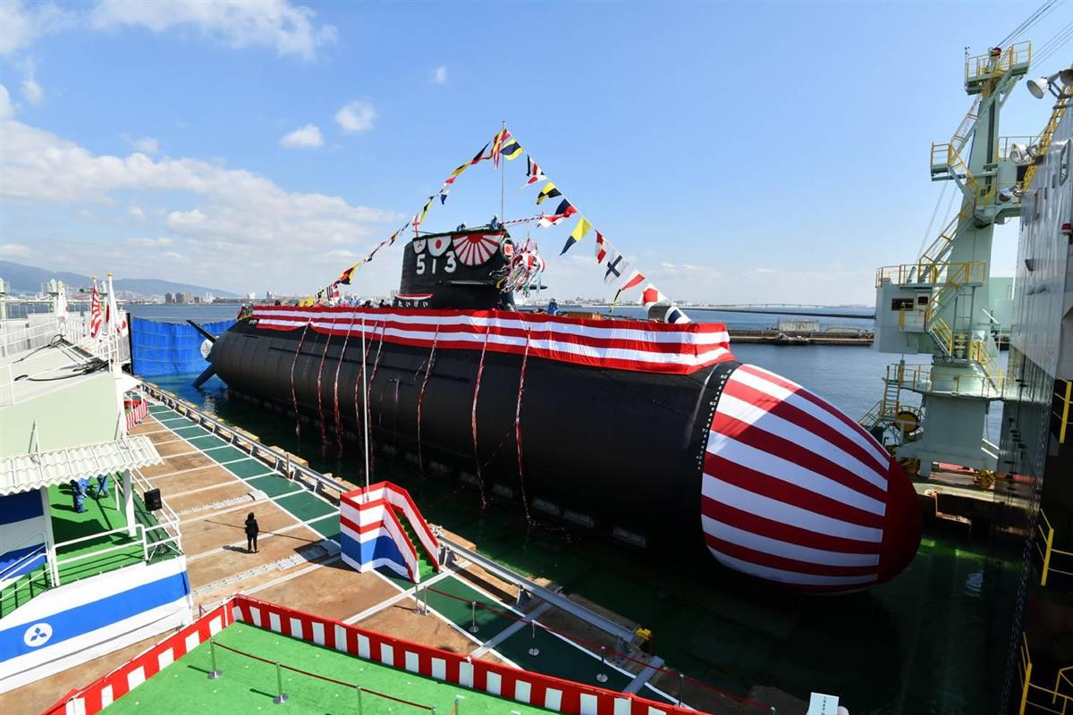 １４日に命名・進水式が行われた海上自衛隊の新型潜水艦「たいげい」（海上自衛隊提供）