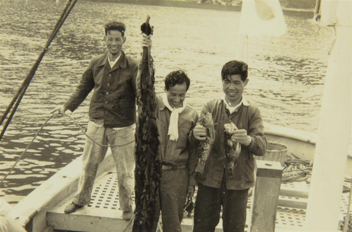 竹島で採取したワカメと記念撮影に納まる久見漁協の脇田敏組合長（左）ら（島根県竹島資料室提供）