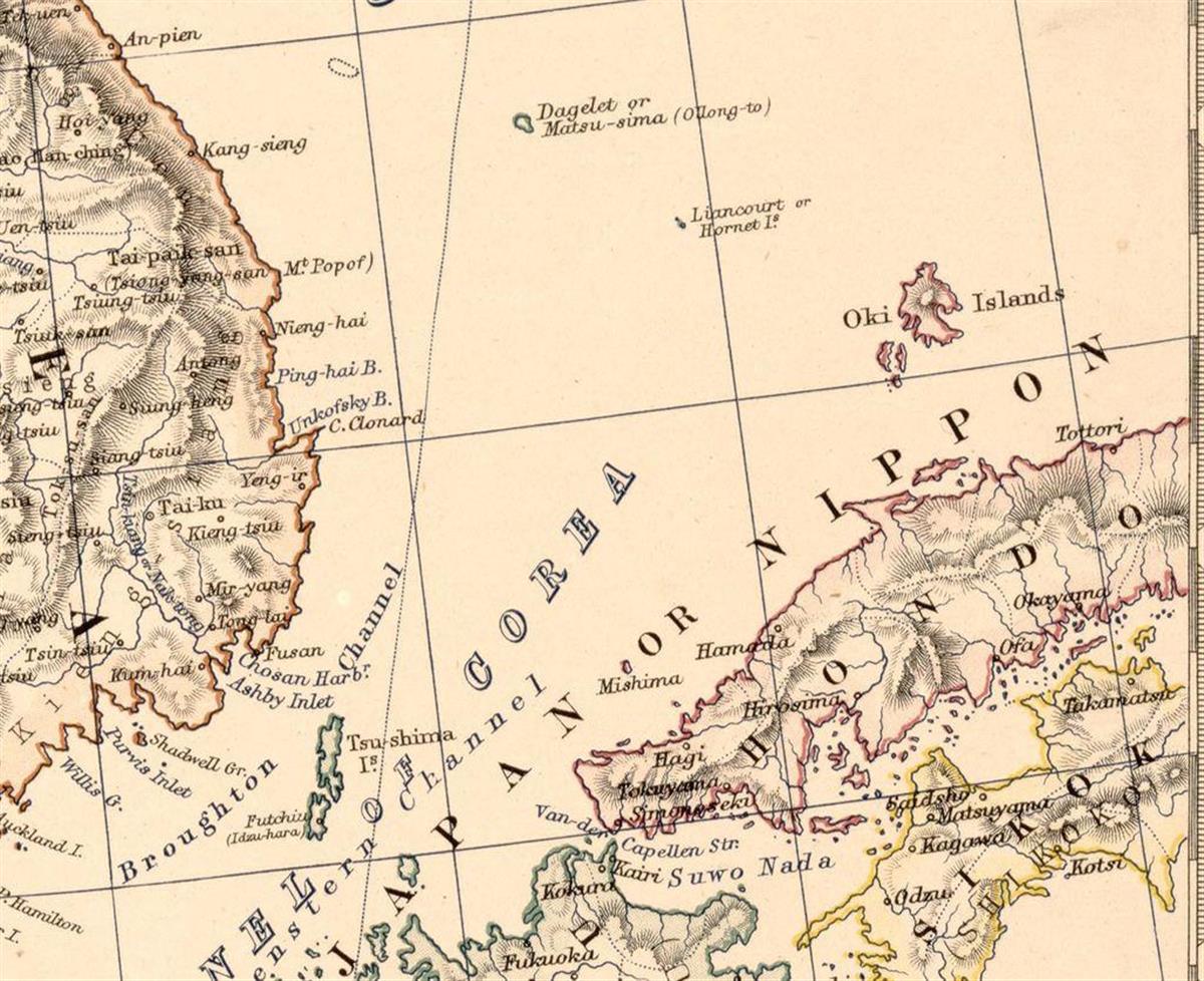 １８８１年に出版された英国製地図。竹島を九州と同じ色で塗り、日本領として記載している（舩杉力修准教授提供）
