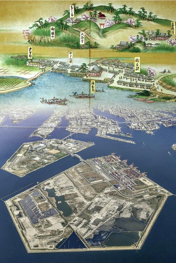 (上)三十石船が描かれた現在の大阪府枚方市辺りの「よと川の図」(部分、18世紀末~19世紀初め頃、大阪くらしの今昔館蔵) (下)大阪・関西万博会場予定地の人工島・夢洲(手前)=大阪市