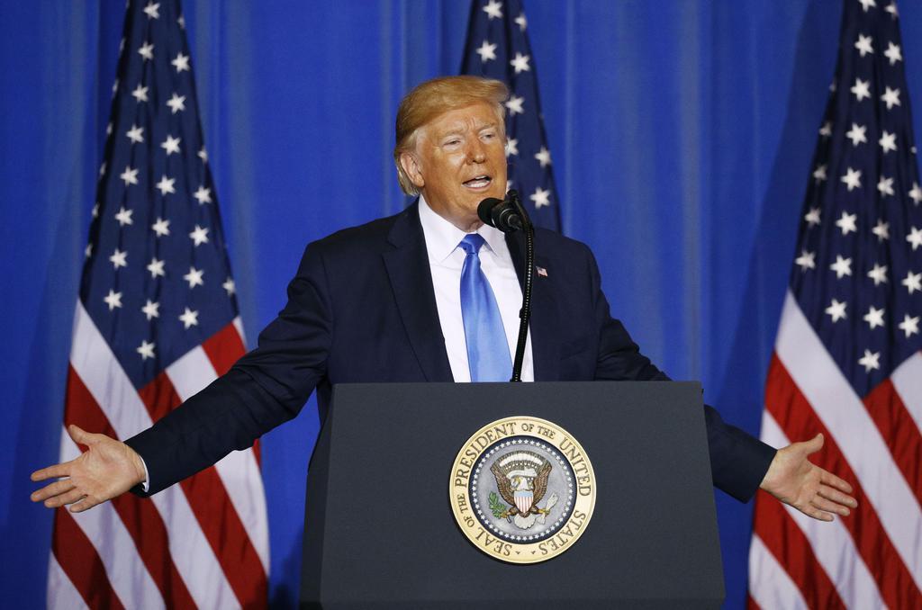 G20大阪サミット閉幕後、記者会見で日米安全保障条約について言及するトランプ米大統領=6月29日午後、大阪市