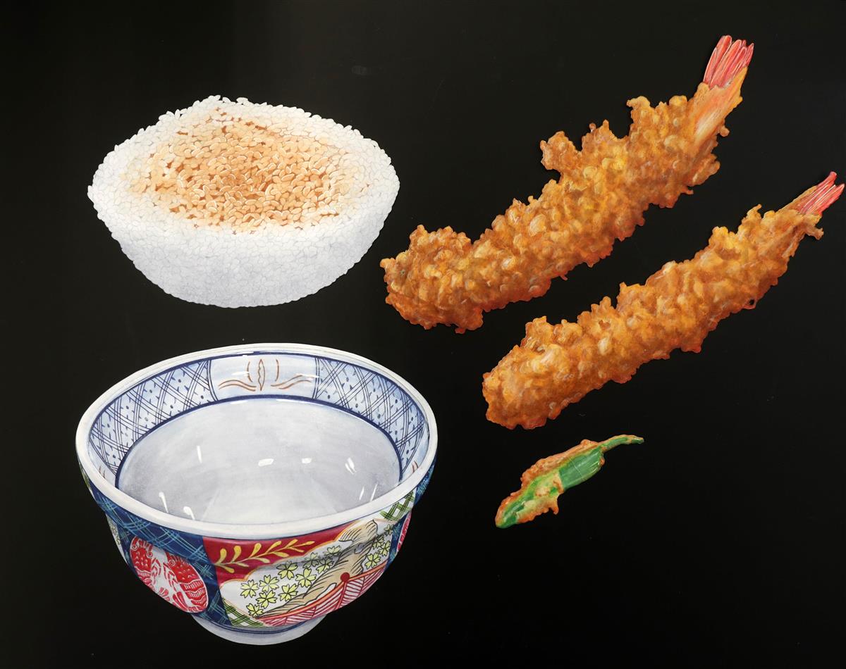 「世界に教えたい日本のごはん　WASHOKU」の原画。天丼のエビやししとう、どんぶりなど材料ごとに分けて描かれており、組み合わせることで一つの料理になる